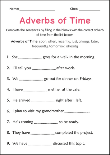 Printable Adverbs of Time Grammar Worksheets for Grade 1, 2, 3