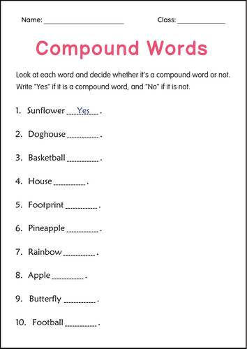 Printable Compound Words Grammar Worksheets and Activities for Grade 1, 2, 3