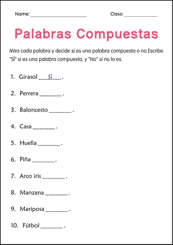 Compound Words Worksheets in Spanish - Hojas de trabajo de palabras compuestas