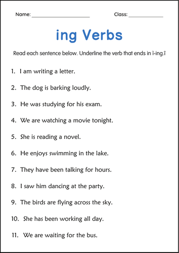 Printable Adding ing to Verbs Grammar Worksheet and Activity for Grade 1, 2, 3