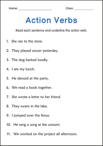 Printable Sentences Action Verbs Grammar Activity Worksheets for Grade 1, 2, 3