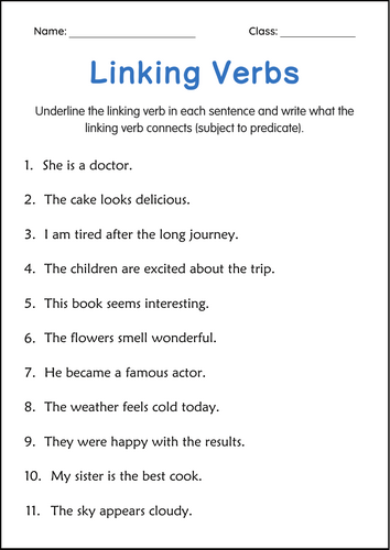 Linking Verbs Grammar Worksheets - Linking Verbs Activities for Grade 1, 2, 3