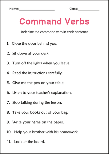 Imperatives Command Verbs Grammar Practice Activity Worksheet for Grade 1, 2, 3
