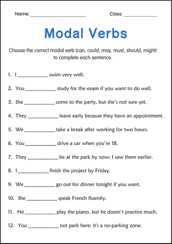Modal Verbs Grammar Activities Worksheets for Grade 1, 2, 3