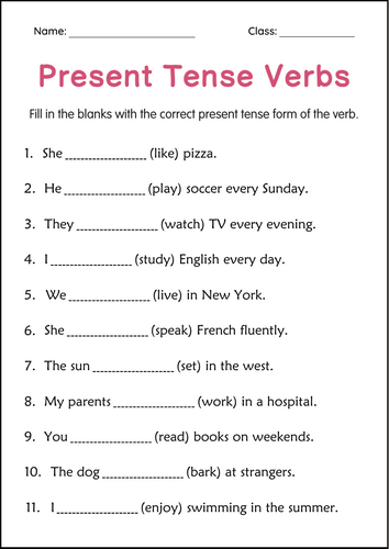 Printable Simple Present Tense Verbs Grammar Worksheets for Grade 2, 3, 4