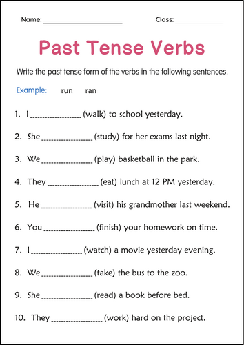 Printable Simple Past Tense Verbs Grammar Worksheets for Grade 2, 3, 4