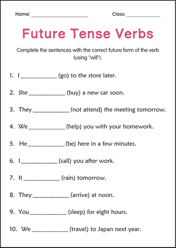 Printable Simple Future Tense Verbs Grammar Worksheets for Grade 2, 3, 4
