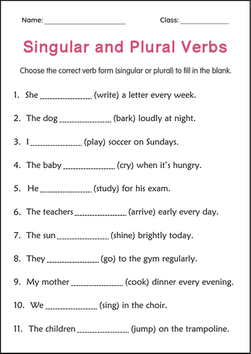 Subject Singular and Plural Verbs Grammar Worksheet for Grade 1, 2, 3