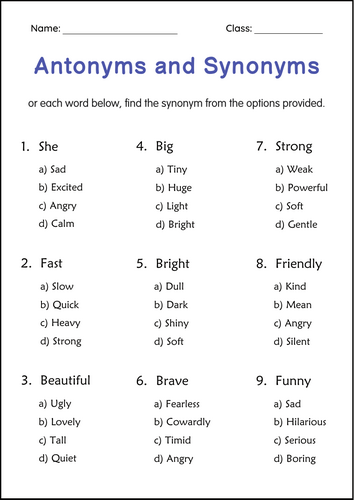 Printable Synonyms and Antonyms Grammar Worksheet for Grade 1, 2, 3