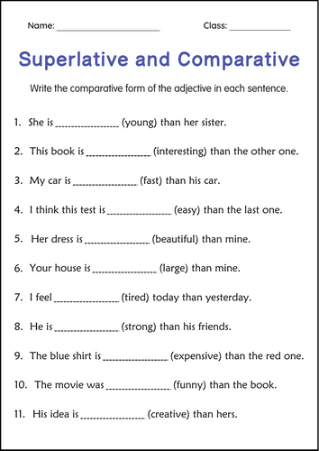 Superlative and Comparative Adjective Grammar Worksheets for Grade 2, 3, 4