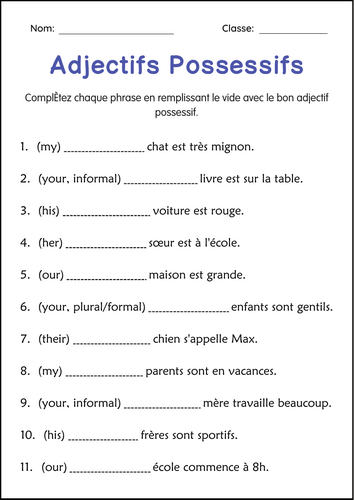Fiche D'exercices Sur les Adjectifs Possessifs - Possessive Adjectives in French