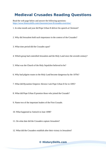 Overview of the Medieval Crusades Reading Comprehension Worksheet