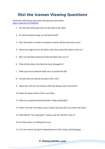 Otzi the Iceman Video Viewing Questions Worksheet