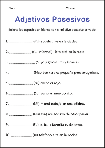 Hoja de Ejercicios de Adjetivos Posesivos - Possessive Adjectives in Spanish