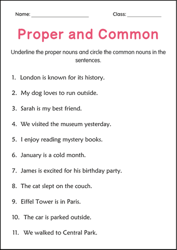 Proper Nouns and Common Nouns Grammar Practice Worksheets for Grade 1, 2, 3