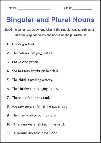 Printable Singular and Plural Nouns Grammar Worksheets for Grade 2, 3, 4