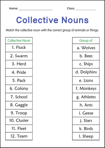 Printable Collective Nouns Grammar Worksheets for Grade 3, 4, 5