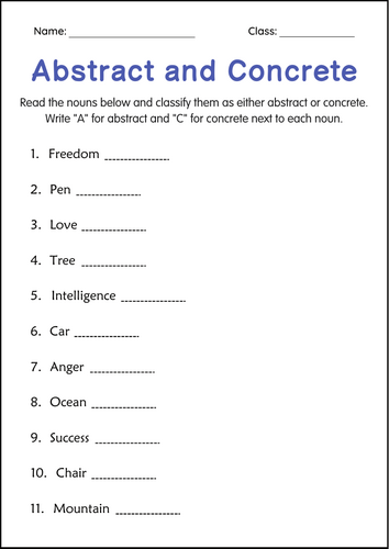 Printable Abstract and Concrete Nouns Grammar Worksheets for Grade 4, 5, 6