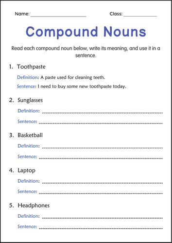 Printable Compound Nouns Grammar Activity Worksheets for Grade 4, 5, 6