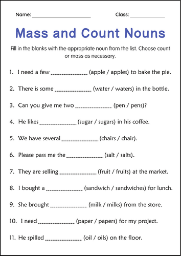 Printable Mass and Count Nouns Grammar Activities Worksheets for Grade 4, 5, 6