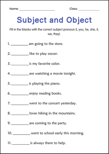 Printable Subject and Object Pronouns Grammar Worksheets for Grade 4, 5, 6