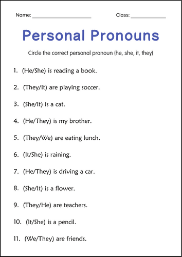 Printable Personal Pronouns Grammar Worksheets for Grade 2, 3, 4