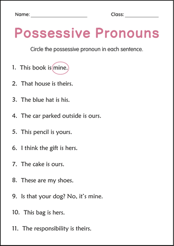 Possessive Pronouns Practice Grammar Activity Worksheets for Grade 2, 3, 4