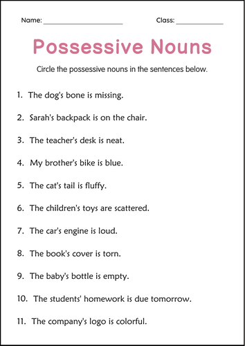 Printable Possessive Nouns Grammar Activity Worksheets for Grade 4, 5, 6