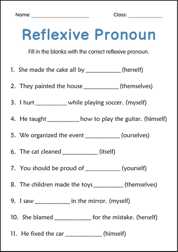 Printable Reflexive Pronouns Grammar Worksheets for Grade 3, 4, 5