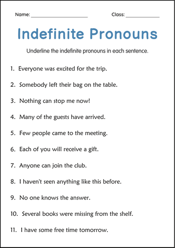 Somebody Anybody Nobody - Indefinite Pronouns Grammar Worksheets for Grade 4, 5