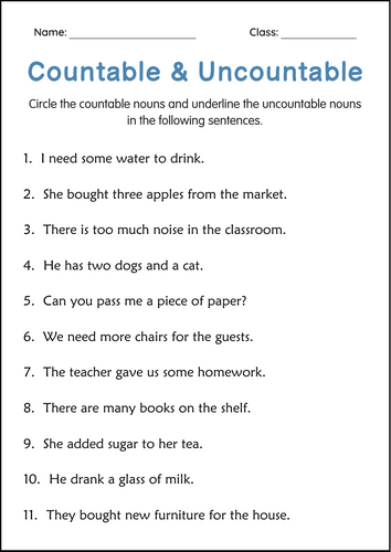 Printable Countable and Uncountable Nouns Grammar Worksheets for Grade 4, 5, 6