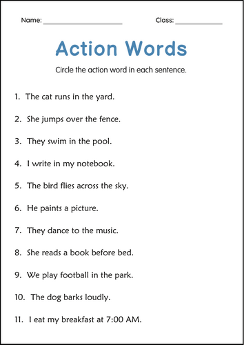 Printable Action Words Grammar Worksheets for Grade 3, 4, 5