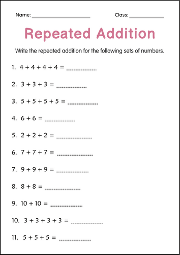 Printable Repeated Addition Number Math Activity Worksheets for Grade 1, 2, 3