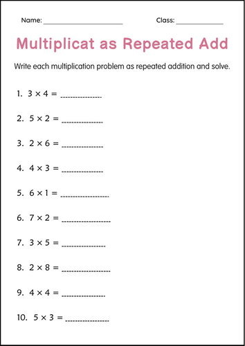 Multiplication as Repeated Addition Numbers Math Worksheets for Grade 2, 3, 4