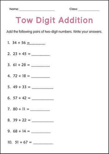 Double Digit Addition - With Regrouping (Two Digit Adding) Printables Worksheets