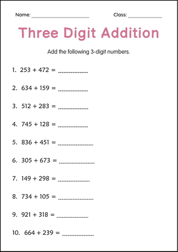 Three Digit Addition - With Regrouping (3 Digit Adding) Printables Worksheets