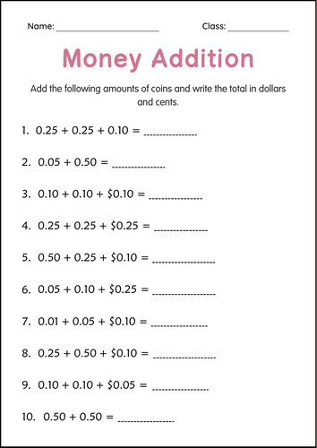 Printable Money Addition Numbers Math Worksheets for Grade 2, 3, 4