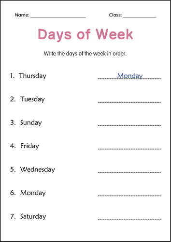 7 Days of The Week Printable Worksheets Calendar Math for grade 1, 2, 3