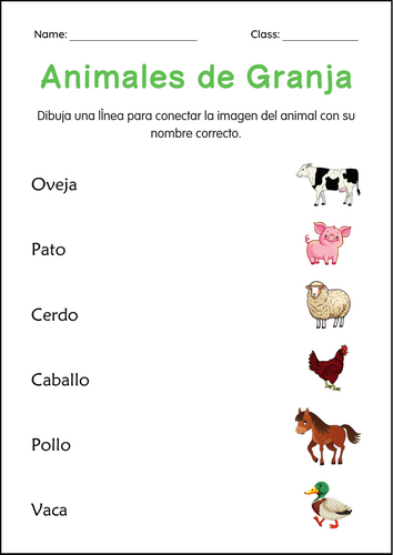 Farm Animals Worksheets in Spanish - Hojas de trabajo de animales de granja