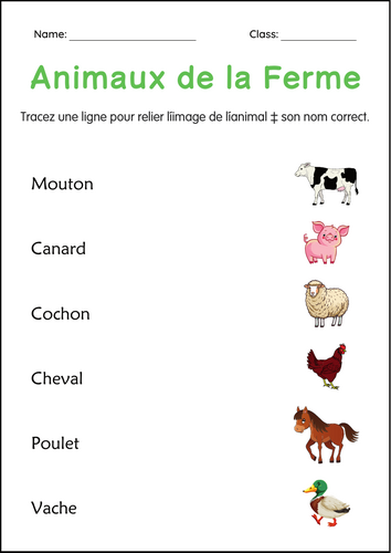 Farm Animal Worksheet in French - Feuille de travail sur les animaux de la ferme