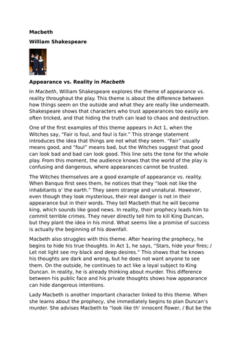 Macbeth – William Shakespeare - Appearance vs. Reality