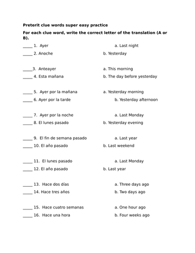 Preterit clue words super easy practice