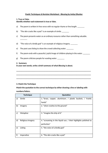 Blessing by Imtiaz Dharker Worksheet