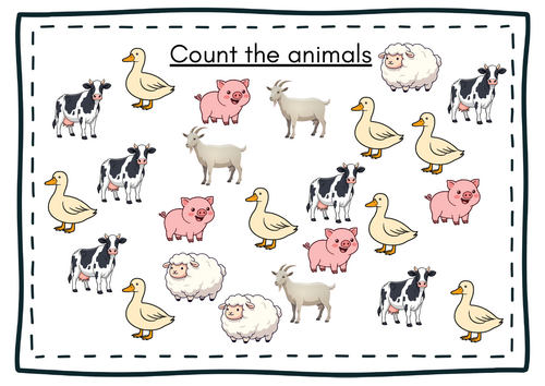 Farm animal counting worksheet for EYFS