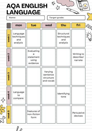 AQA English Language Revision Timetable