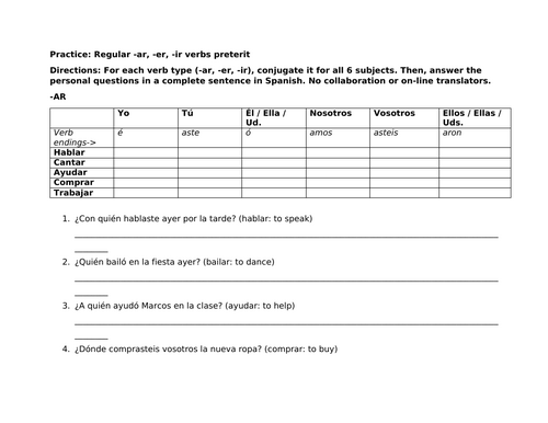 Practice: Regular -ar, -er, -ir verbs preterit