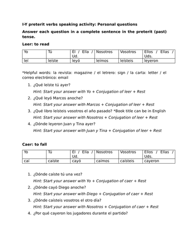 I-Y preterit verbs speaking activity: Personal questions