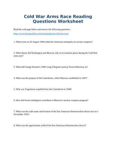 Cold War Arms Race Reading Comprehension Questions Worksheet