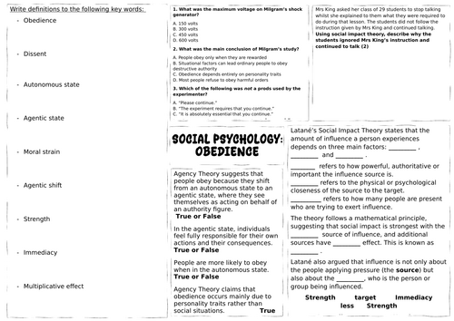 A-level Psychology - Social psychology - obedience - revision sheet