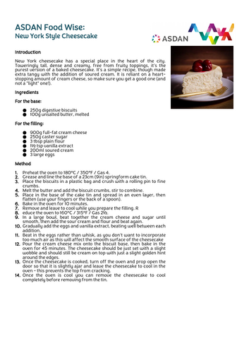 ASDAN Food Wise - New York Cheesecake Recipe